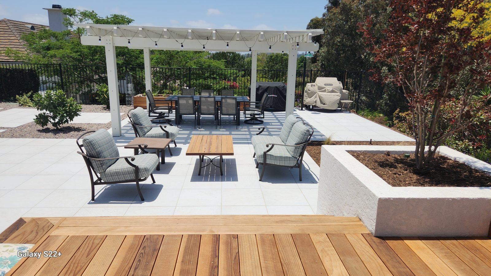 Meyers Residence — Pergola-covered kitchen on the ipe deck